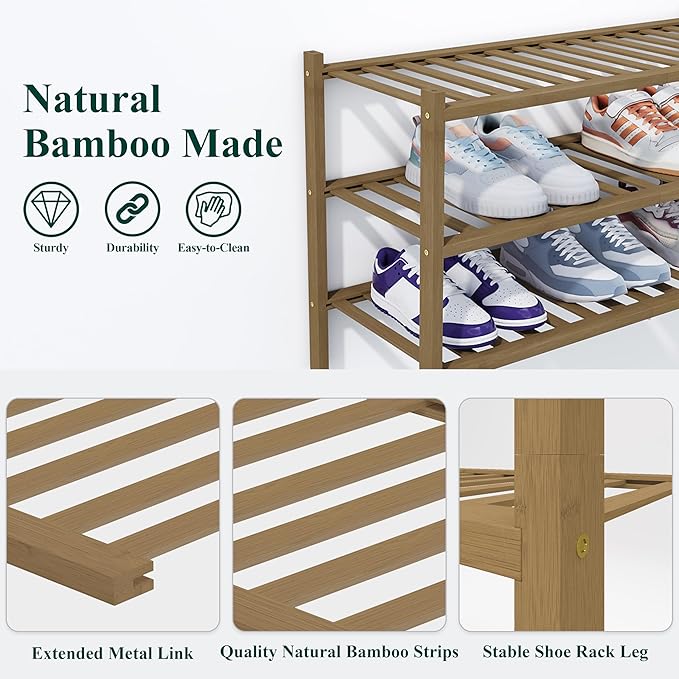 Smiry Shoe Rack, 2 Tier Thick Bamboo Shoe Organizer, Stackable Free Standing Wooden Shoe Storage Shelf for Closet, Entryway, Front Door Entrance, Walnut