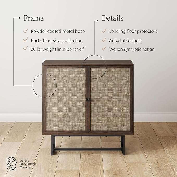 Nathan James Kova Bohemian Rattan Sideboard or TV Stand, Wooden Storage Cabinet with Doors, Walnut Sideboard Buffet or Rattan Accent Storage Cabinet with Matte Black Legs, Set of 4