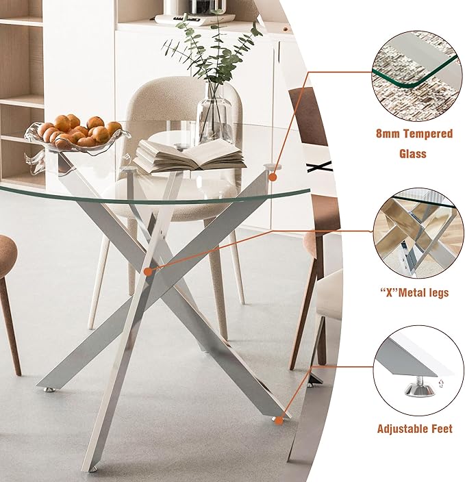 47.24" Round Glass Dining Table Modern Kitchen Glass Top Table for 6 with Silver Metal Legs, Clear Dining Table Kitchen Table for Home Office Dining Room