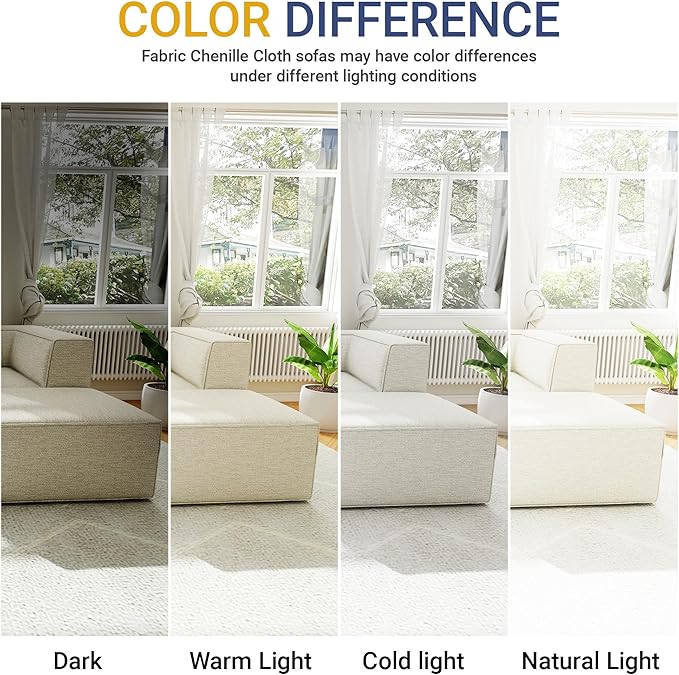 97"+57" 5-Piece Modular Sectional Sofa Convertible Cube Thick Couch 2 3 4 Seat Set, L-Shape, No Assembly for Living Room (3xArmless+1xCorner+1xOttoman) Fabric Chenille Beige White
