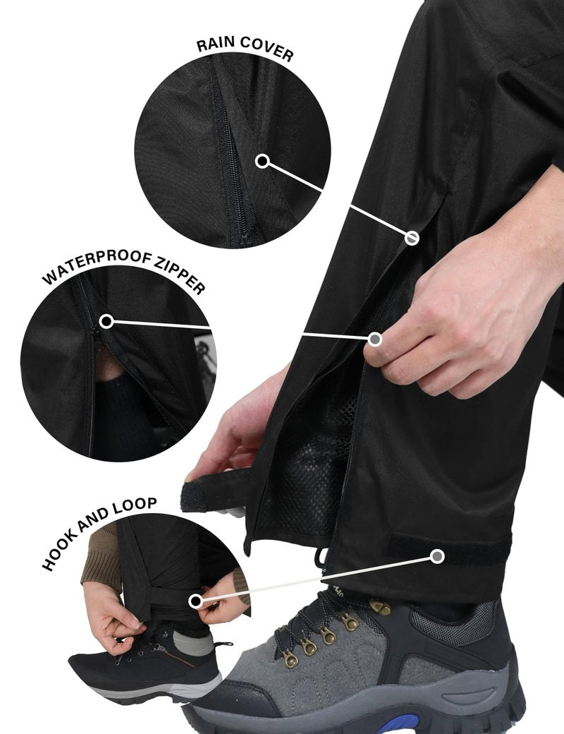 iCreek Men's Rain Pants Waterproof Over Pants Windproof Lightweight Hiking Pants Work Rain Outdoor for Golf, Fishing (Black, XX-Large/28 Inseam)