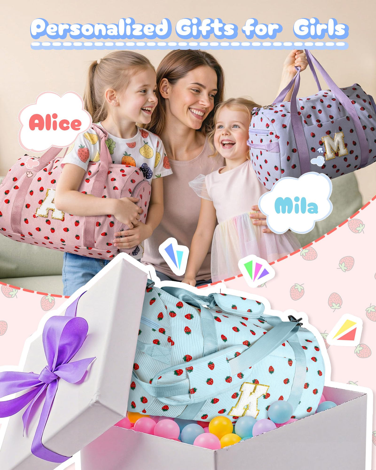 Vogewood Gifts for Teenage Girl, Girls Gym Bag, Kids Personalized Weekend Duffel Bags with Shoe Compartment, Initial Travel Tote with Makeup Bag, Birthday Gift for Daughter Niece Sister (Letter P)