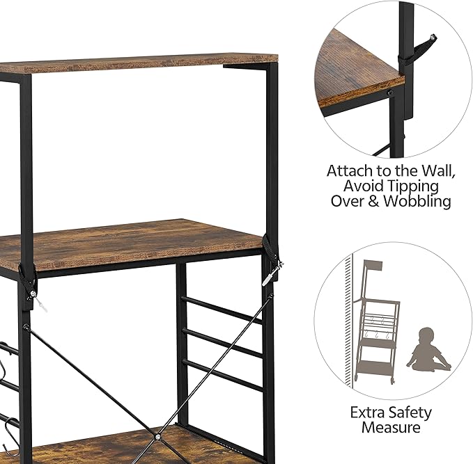 Yaheetech Bakers Rack on Wheels(16D x 24W x 50H Inches), Microwave Stand Cart Coffee Bar Stand with 6 Hooks, Kitchen Utility Storage Cart with Spice Rack, Rustic Brown