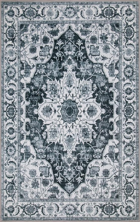 WILLSUN Washable Area Rugs, 8x10 Non-Slip Boho Large Area Rugs for Living Room, Bedroom, Machine Washable Vintage Rug, Indoor Floral Print Carpet for Home Decor, Kid & Pet Friendly Mat