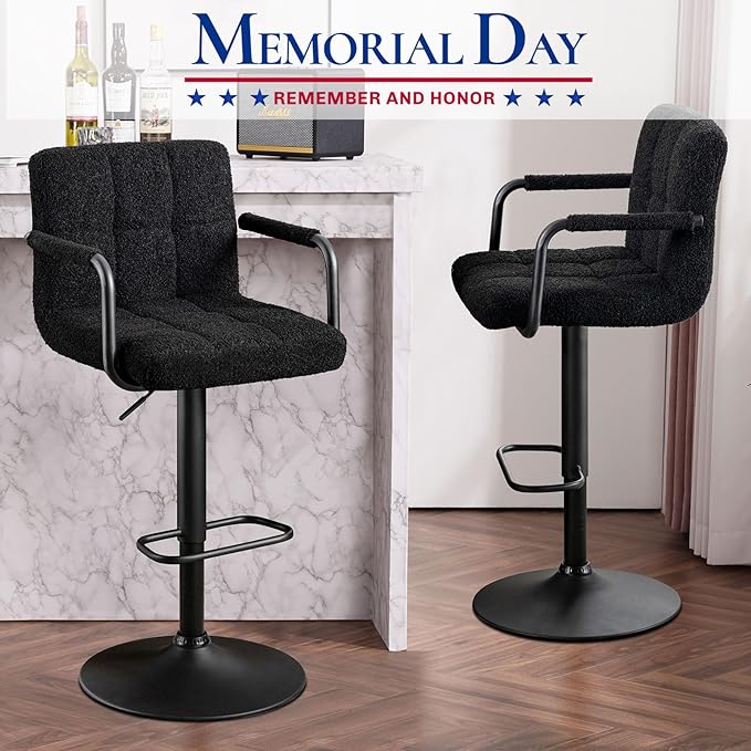 Furnimart 30" Artificial Sherpa Upholstered Bar Stool, Adjustable Counter Stools Bar Chairs Modern Design Swivel Barstools Hydraulic Stools for Kitchen and Dining Room Set of 2 (FauxFur-Black)