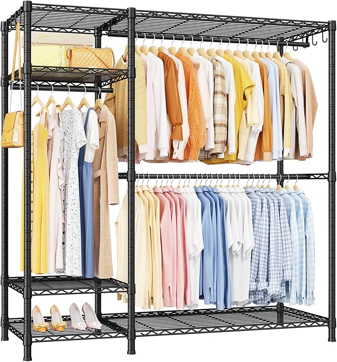 Ulif F7 Garment Rack, Heavy Duty Clothes Rack, Clothing Racks for Hanging Clothes, 6-Tiers Freestanding Portable Closet Storage Rack 58'' W × 14.6'' D × 76.6'' H, Max Load 800 Lbs, Black