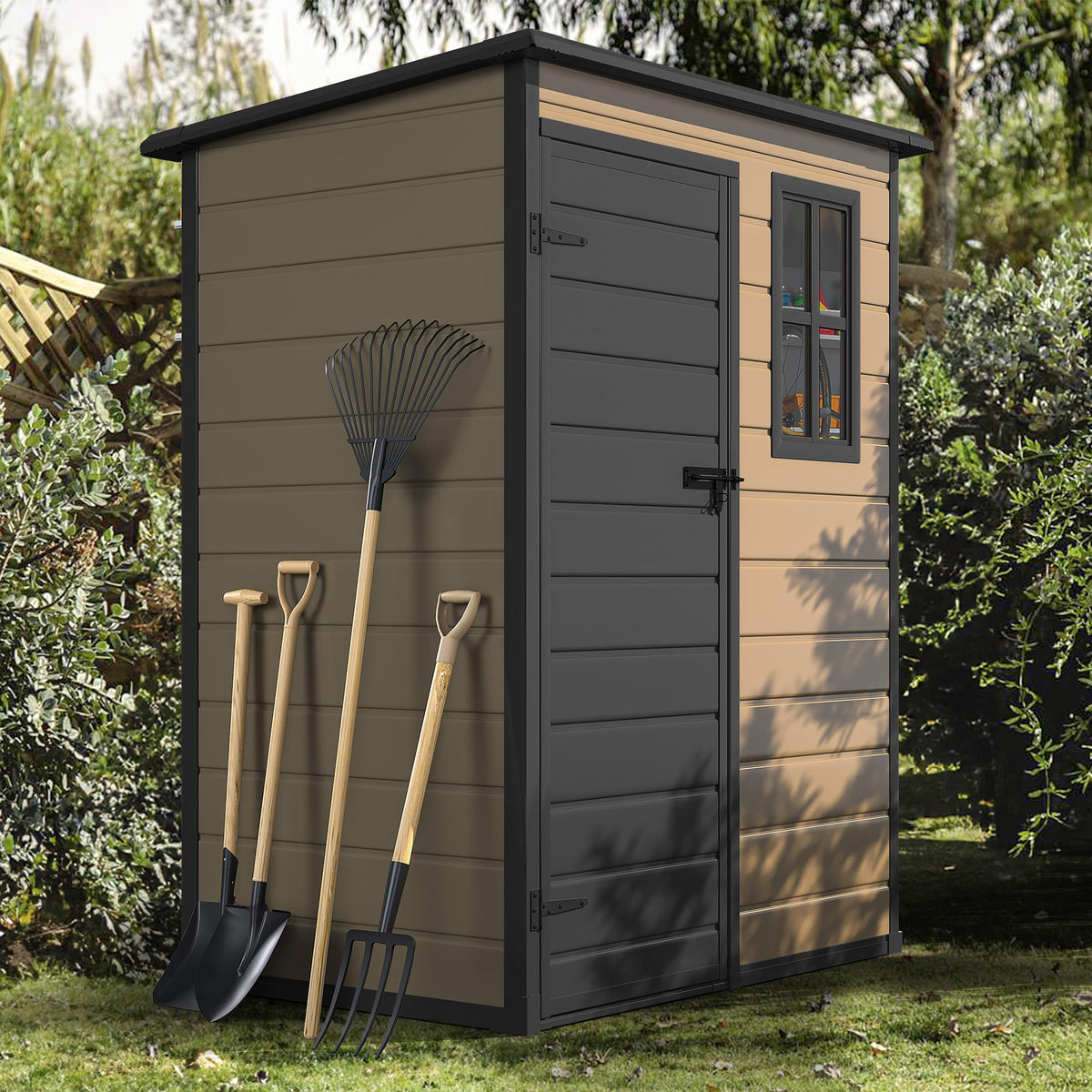 DWVO 5x3ft Resin Outdoor Storage Shed with Floor, Waterproof Lockable Storage Shed with Window, Plastic Outside Tool Storage for Garden Backyard Patio Lawn