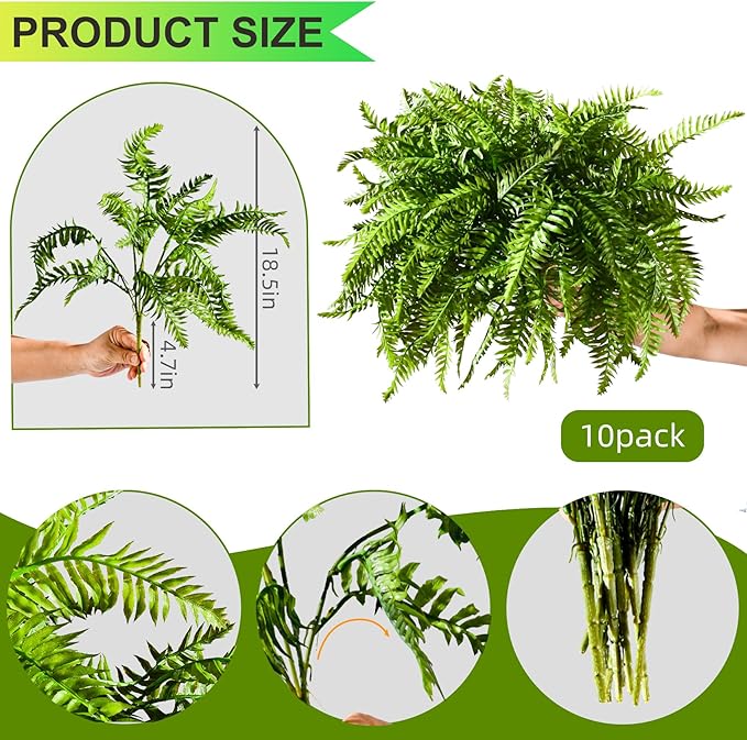 Artificial Fern Plants 10 Pcs Artificial Bush Fern Plants Realistic Fake Stems Plant Fake Shrubs Greenery for Indoor Outdoor Porch Patio Window Farmhouse Garden Office Decor (10 Pcs Green)