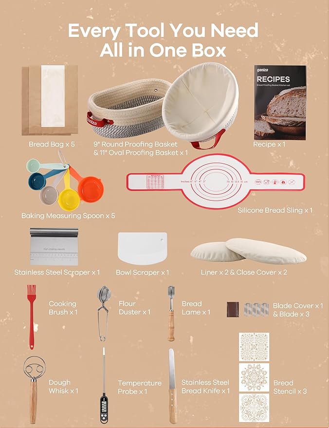 Ganiza 22-Piece Sourdough Proofing Basket Gift Set, Natural Cotton Rope