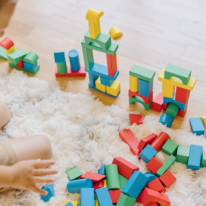 Melissa & Doug Wooden Building Blocks, 100-Piece Set of Sorting & Stacking Toys in 4 Colors and 9 Shapes, Classic Toddler Toys for Girls & Boys Ages 2+ - FSC Certified
