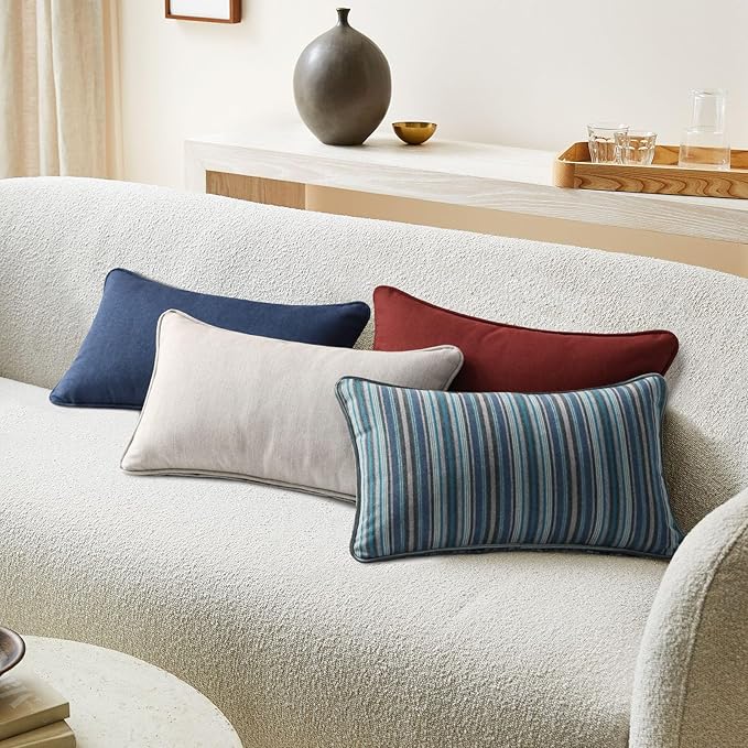 Sunbrella Decorative Outdoor Water Repellent Throw Pillows with Inserts, Set of 4, 20" x12" Pillows for Patio, Backyard, Bed, Couch, and Patio Furniture, Troupe Dock