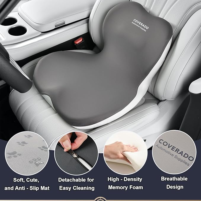 Coverado Upgraded Car Seat Cushion and Lumbar Support Pillow One Piece, Memory Foam Ergonomic Back Support Driving Seat Cushion for Back Pain, Non-Slip Washable Cushion for Car, Driver, Office