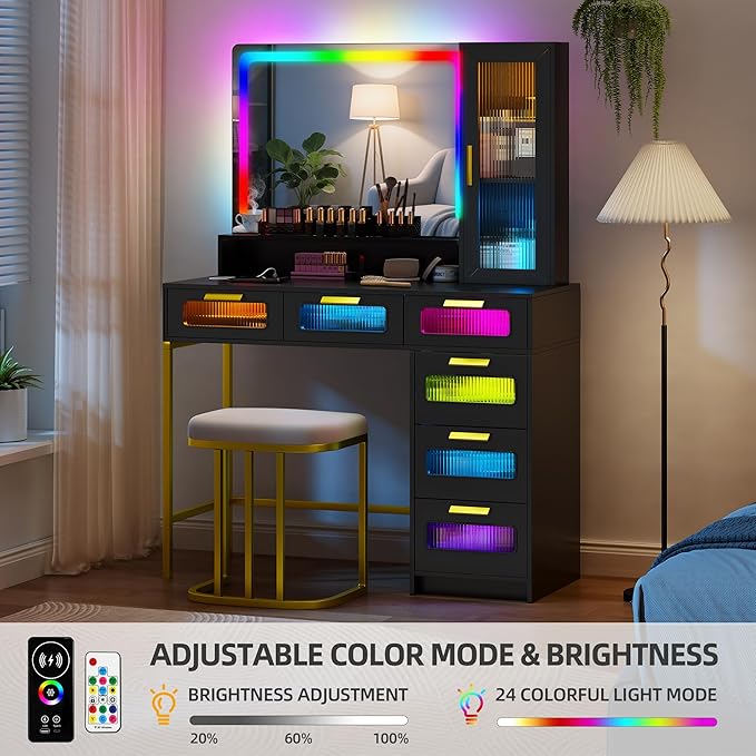 LED Make Up Vanity Desk with 20" Mirror and Light, Smart Dressing Table with 6 Drawers, 3 Shelves, 24 Color Lighting Modes, Cushioned Stool, USB Type-C Storage for Bedroom Dressing Room Black