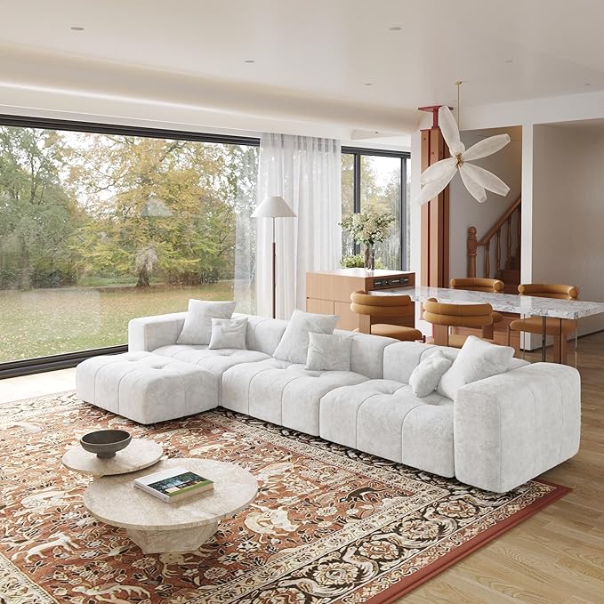 JACH 144.1 Inch L-Shaped Modular Sofas, Modern 3-Seater Couch with Chaise Ottoman, Mid Century Modern Sectional Couches, Cozy Sleeper Sofa for Apartment/Living Room (Linen Fabric, White)