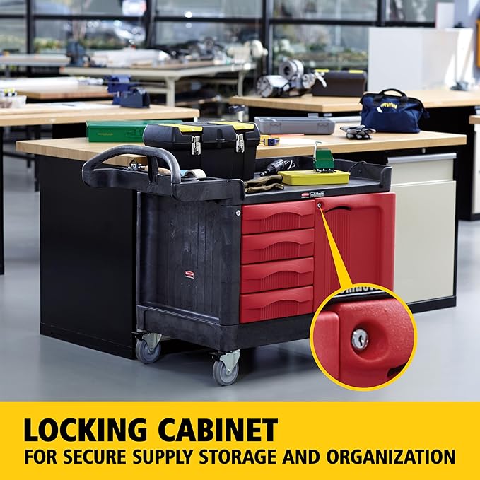 Rubbermaid Commercial Products TradeMaster Tool Storage Utility Cart, 4 Drawers + Cabinet, Small, 750 lb. Capacity, Black, for Warehouse/Garage/Cleaning/Maintenance