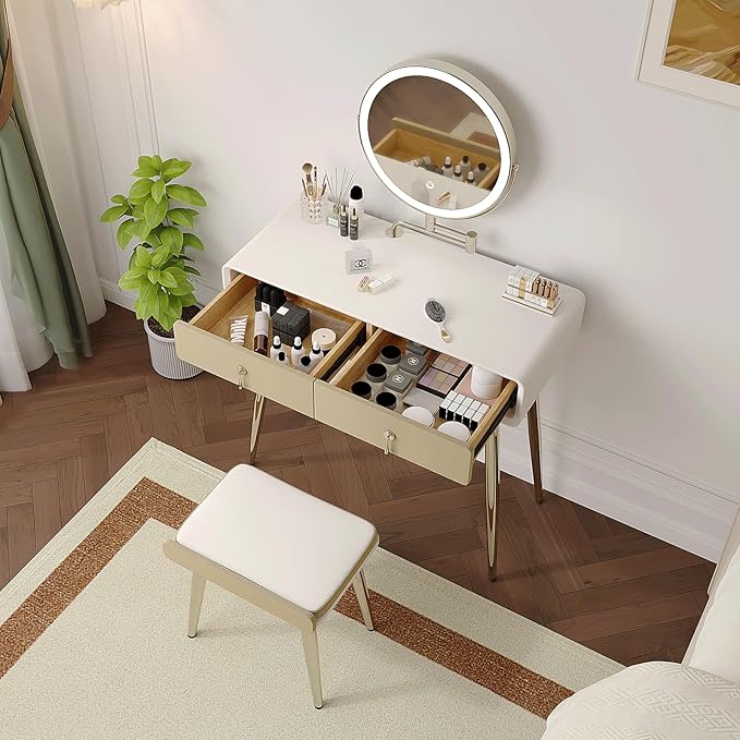 Vanity Desk with Adjustable Mirror and Lights, Makeup Vanity with 2 Drawers and Chair, Small Dressing Table with Leather Surface for Bedroom, 3 Lighting Modes