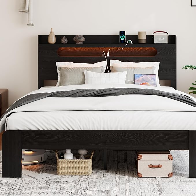 Wooden Queen Size Bed Frame with Storage Headboard, Farmhouse Platform Bedframe with Charging Station & Led Lights, Sturdy Wood Slat Framework, Easy Assembly (Rustic Black)