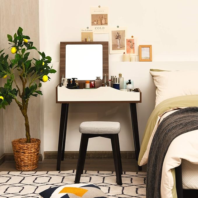 CHARMAID Vanity Desk with Flip Top Mirror, Storage Compartments, Removable Dividers, Bedroom Makeup Dressing Table, Wooden Vanity Set Writing Desk with Stool for Kids Girls Women