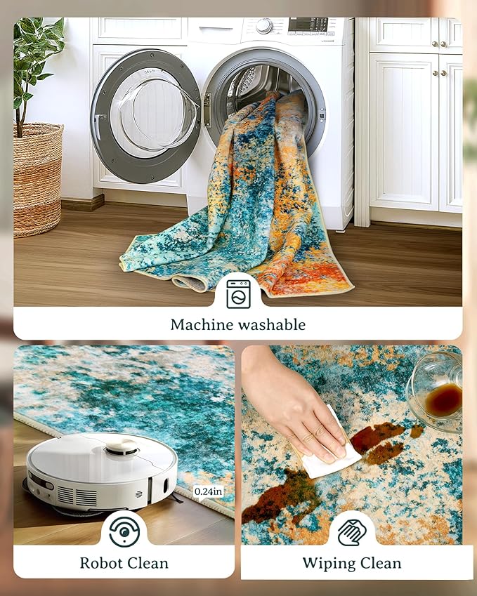 Washable Area Rug for Living Room: 10X14 Modern Abstract Neutral Soft Rug for Bedroom Dining Room No Slip Low Pile Carpet for Nursery Home Office - Teal/Orange