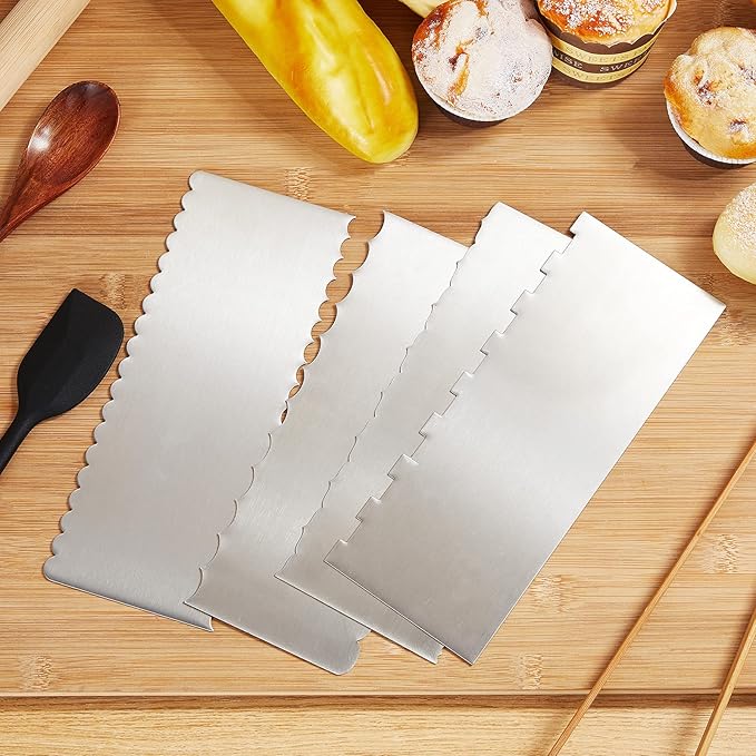 Geiserailie 4 Pcs Metal Cake Comb Scraper, 9 Inch Double Sided 4 Style