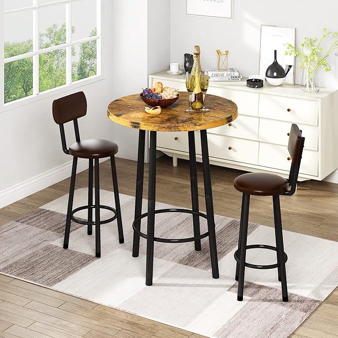 Recaceik 3 Piece Pub Dining Set, Modern Round bar Table and Stools for 2 Kitchen Counter Height Wood Top Bistro Easy Assemble for Breakfast Nook Living Room Small Space Restaurant, Rustic Brown 23.6"