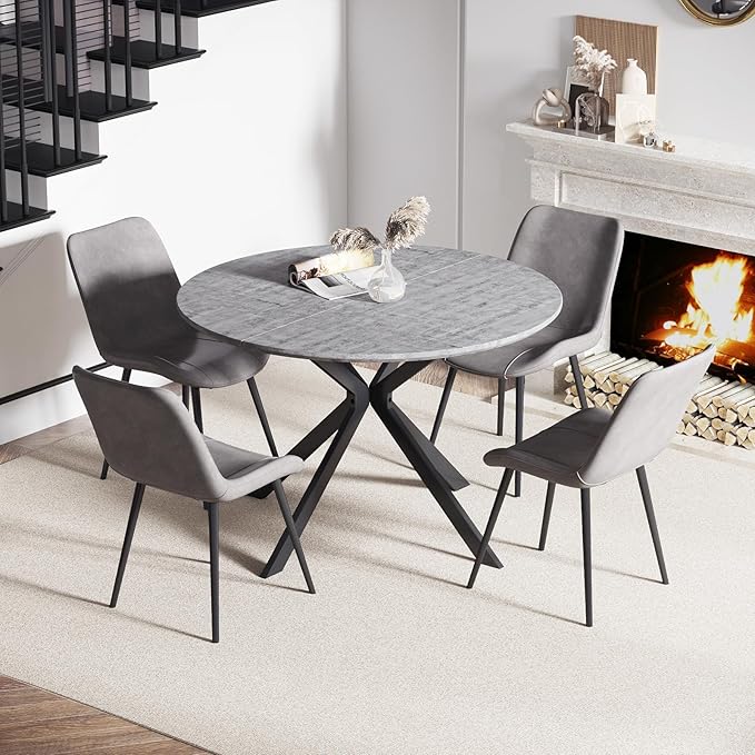 46.4" Round Dining Table Set with 4 Chairs, Modern Dining Set with Comfortable PU Leather Chairs, Sturdy MDF Table with X-Shaped Base, Easy Assembly, Ideal for Dining Room or Kitchen