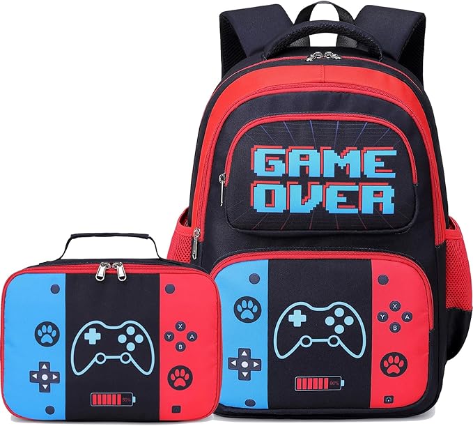 Kids Backpack Boys Gamer Backpack with Lunch Box Kindergarten Elementary Middle School Travel Sport Gaming Bookbag for Boys Girls Ages 4-14, Gamer Blue Red