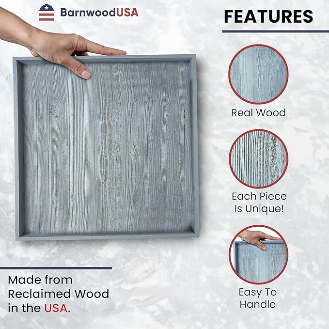 Wooden Ottoman Tray with Felt Pad – Decorative Couch Serving Tray Made with Real Rustic Reclaimed Wood - Perfect for Living Room Ottomans, Sofas, & Coffee Tables -18" x 18"- Slate Blue