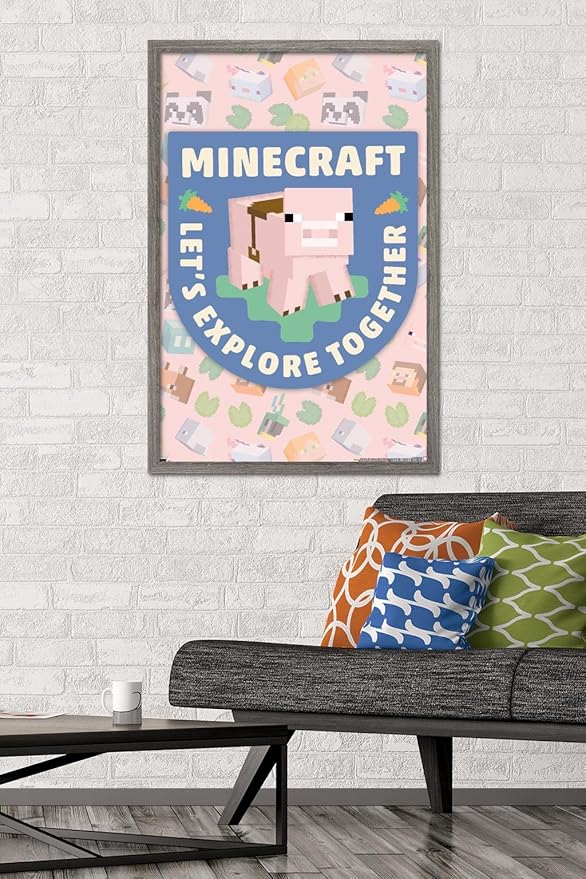 Trends International Minecraft - Let's Explore Together Wall Poster, 34L x 22.4W, Barnwood Framed Version