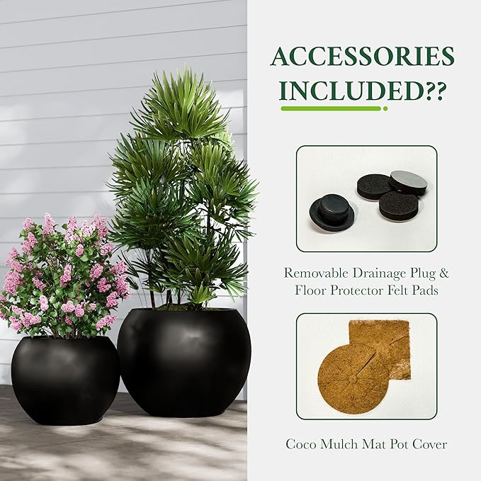 DTY Signature Mount Sherman Modern Indoor Outdoor Fiberstone Sphere Planter, Durable Round Garden Pot, Weather Resistant, Drainage Hole & Rubber Plug, Planter for Christmas Tree - Medium, Black