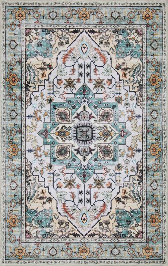 WILLSUN Washable Area Rugs, 3x5 Non-Slip Boho Large Area Rugs for Living Room, Bedroom, Machine Washable Vintage Rug, Indoor Floral Print Carpet for Home Decor, Kid & Pet Friendly Mat