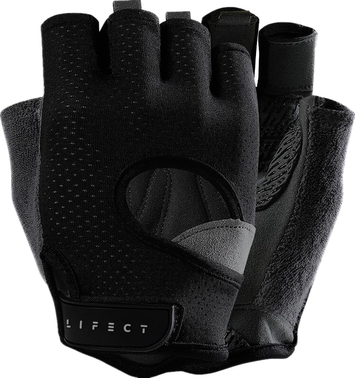 LIFECT Freedom Workout Gloves, Knuckle Weight Lifting Shorty Fingerless Gloves with Curved Open Back, for Powerlifting, Gym, Women and Men(Black, Large)