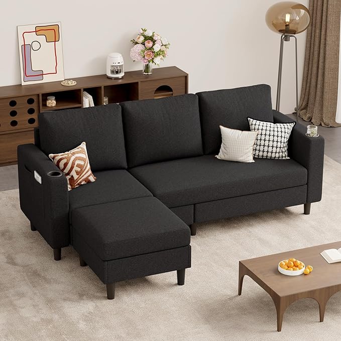 Upholstered Sectional Sofa and Couches, 78'' L Shaped 3-seat Sofa forLiving Room, Apartment, Lounge,Bedroom-Washable Covers Convertible Sofas(Linen Fabric,Black)