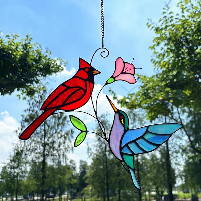 Stained Glass Red Cardinal with Hummingbird Suncatcher Window Hanging Ornament, Stain Glass Birds Sun Catchers for Window Decor,Red Cardinal Hummingbird Gifts for Women, Mom, Birds Lovers