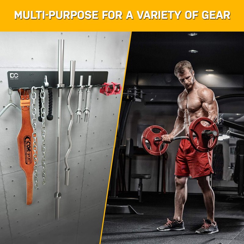 Double Circle Gym Storage Rack with 12 Hooks, Multi Purpose Gym Equipment Wall Rack Hanger for Pro Home Gym Storage for Exercise Bands, Barbell Bars, Jumprope (Hardware Included)
