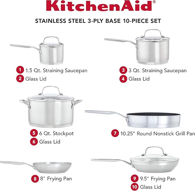 KitchenAid Stainless Steel Cookware Induction Pots and Pans Set, 10-Piece