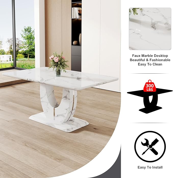 Dining Table Set for 4, Kitchen Table Chairs Set of 4, Modern Dining Room Set with 63 inch Marble Dinner Table PU Leather Upholstered Chairs for Dining Room Kitchen