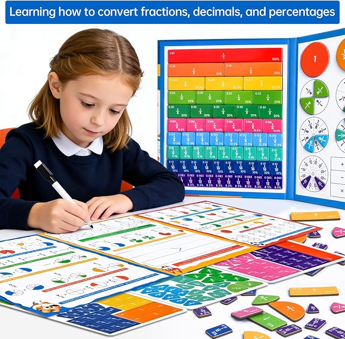 Magnetic Fraction Tiles & Circles Montessori Set for Elementary Kids - Hands-On Math Manipulatives with Activity Book - Learn Fractions, Decimals, Percentages