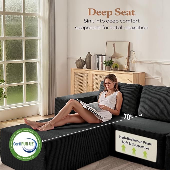 Loveseat Sofa, Cloud Modular Sofa Couch, Upholstered Floor Sofa with Deep Seat, Upholstered Foam Couch for Bedroom Living Room, No Assembly Required (Corduroy Fabric, Black)