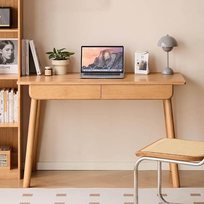 YESWOOD Solid Wood Desk, Mid Century Modern Computer Desk, Office Desk with Drawers for Home Office Study Vanity 31.49" W