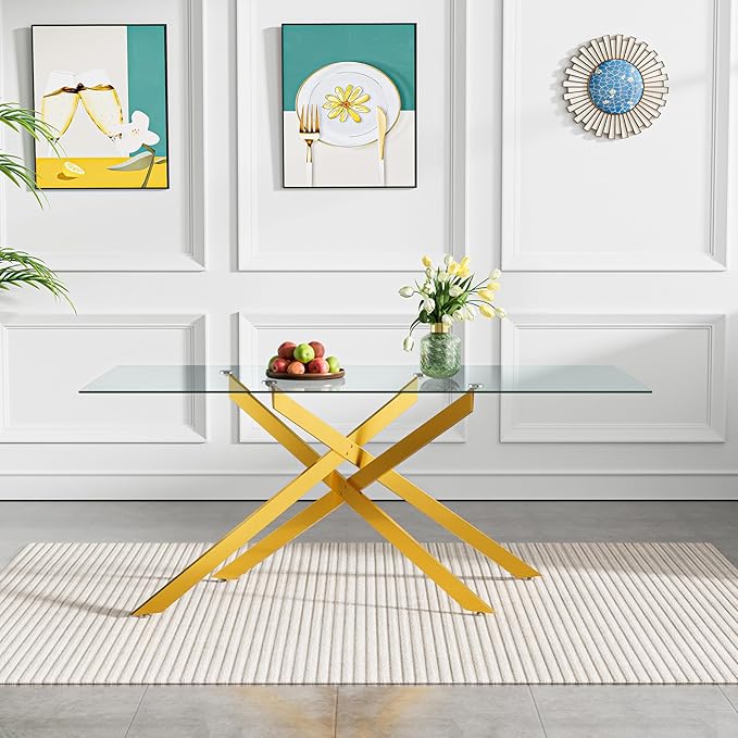 60" Rectangular Glass Dining Room Table for 6 with Tempered Glass Top and Gold Metal Legs, Modern Clear Kitchen and Dinner Table for Home Office Dining Room