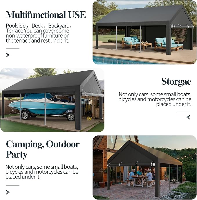 Shintenchi Carport 10' x 20' Heavy Duty Portable Garage, Carport Canopy with Side-Opening Door & Roll-Up Windows, Car Canopy for Truck,Car,Boat,Grey