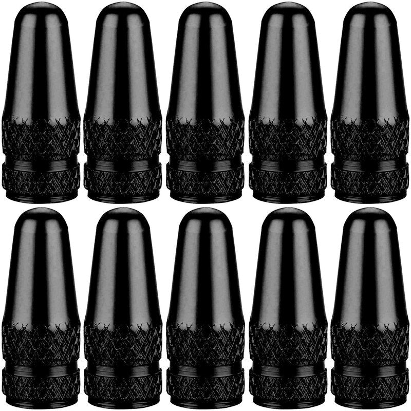 SAMIKIVA (10 Pack) Bike Presta Valve Stem Caps, Chrome Anodized Aluminum, Use On Presta French Valves, Dust caps for MTB Road Racing Bicycle, Rocket Style (Black (10 Pack))