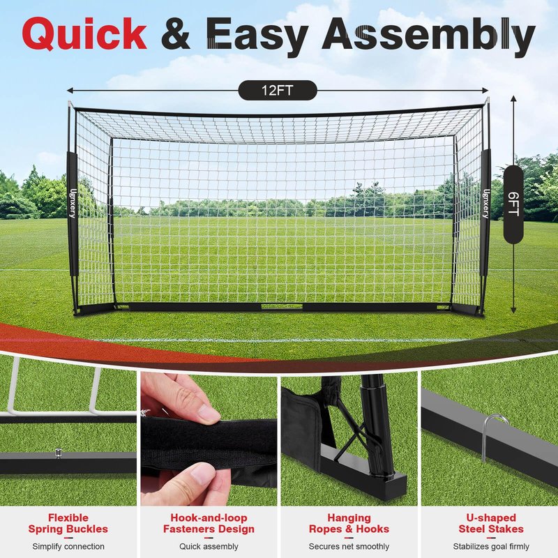 Portable Soccer Goal, Detachable 12x6 FT Soccer Goals Net for Backyard, Quick Setup Training Equipment with 1 Carry Bag, 12 Training Cones (Black)