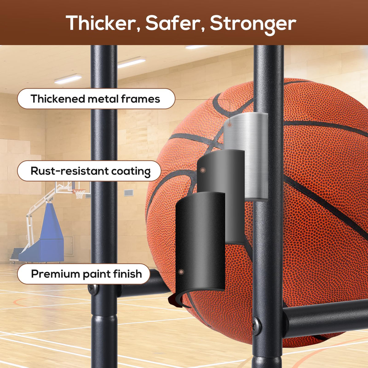 Holbrett Basketball Rack, Rolling Ball Storage Stand with Baseball Bat Holder Storage Cart and Movable Hooks 4-Layer Organizer Holder with Wheels for Volleyball Football Rugby Balls