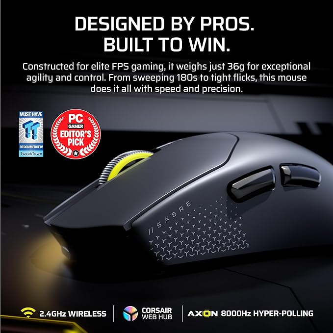 Corsair Sabre v2 PRO Ultralight FPS Wireless Gaming Mouse – 33,000 DPI, 36g Weight, 8,000Hz Hyper-Polling, Mechanical Switches, Up to 70-Hour Wireless Battery Life, Web Hub – Black