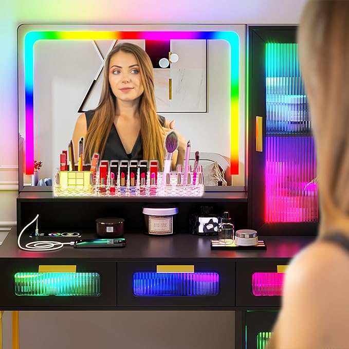 HNEBC RGB Vanity Desk with Mirror and Lights, LED Vanity Makeup Desk with USB/Wireless Charger Station, Vanities Dressing Table Sets with 6 Drawers/Cabins/Stool/Shelves for Bedroom&Cloakroom,Black