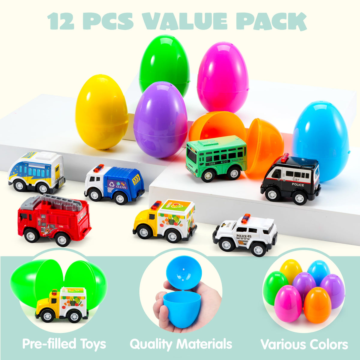 JOYIN 12 Pcs Prefilled Easter Eggs with Toys, Plastic Eggs with Alloy Pull Back Cars, Easter Basket Stuffers, Party Favors for Kids, Classroom Prize Supplies