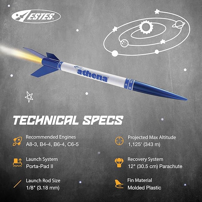 Estes 2452 Athena Rocket-Building Kit, Prebuilt Beginner Flying-Rocket Model Kit for Ages 10+, Blue