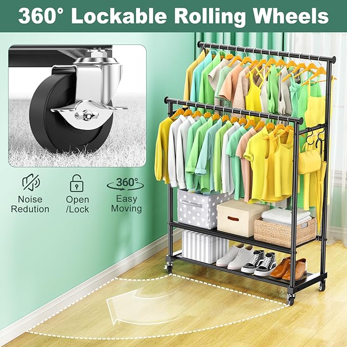 Double Rods Clothes Rack for Hanging Clothes, Heavy Duty Rolling Clothing Rack with Wheels, Freestanding Garment Racks with Oxford Bottom Shelf and Mesh Bottom Shelf for Bedroom Laundry Living Room